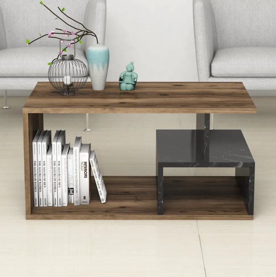 Arte soffbord 90 x 42 cm - Mörk valnöt/svart marmor + Möbeltassar