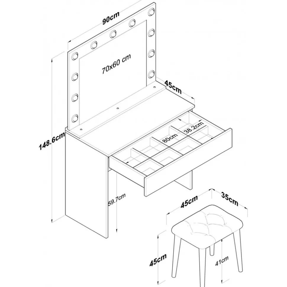 Bijou sminkbord med spegel och pall 21 - 90 x 45 cm - Vit