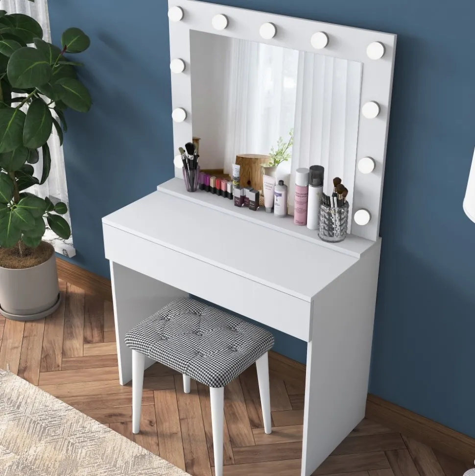 Bijou sminkbord med spegel och pall 21 - 90 x 45 cm - Vit