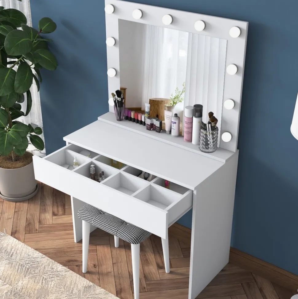 Bijou sminkbord med spegel och pall 21 - 90 x 45 cm - Vit