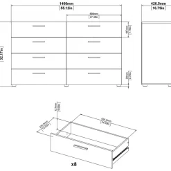 Byrå i valnöt med 8 lådor 140 cm bred