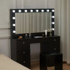 Caija svart sminkbord med belysning och kristall handtag