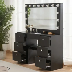 Caija svart sminkbord med belysning och kristall handtag