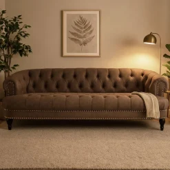 Chesterfieldsoffa 3-sits brun vintage 225 cm bred + Möbeltassar