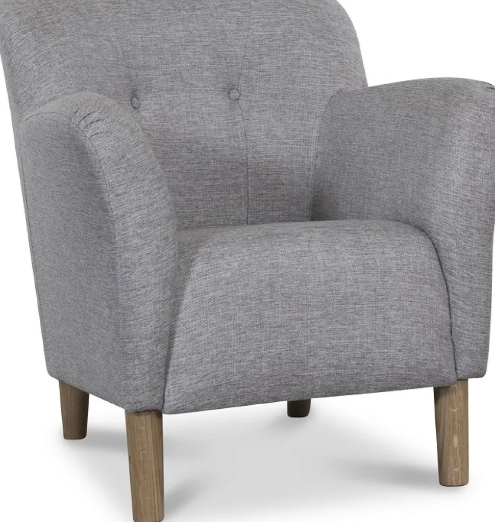 Clubfåtölj i grått tyg med ekben + Textilrengöring för möbler