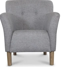 Clubfåtölj i grått tyg med ekben + Fläckborttagare för möbler