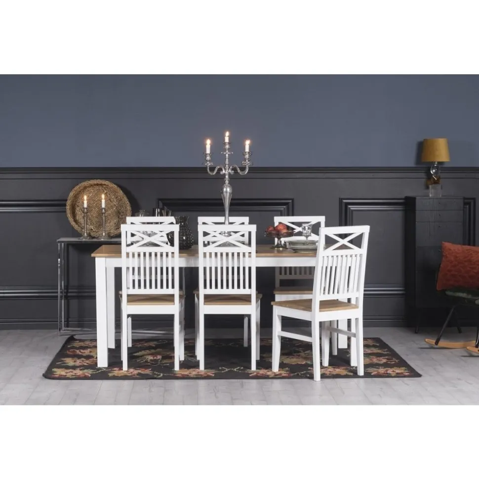 Dalarös matgrupp 180 cm bord vit/ek med 6 st stolar kryss i ryggen