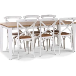 Dalarös matgrupp 180 cm bord vit/ek + 6 st vita Gaston matstolar + 6.00 x Stolsdyna