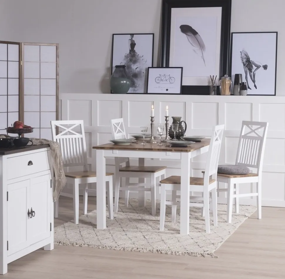 Dalarös matgrupp 140 cm bord vit/ek med 4 st stolar + 4.00 x Stolsdyna