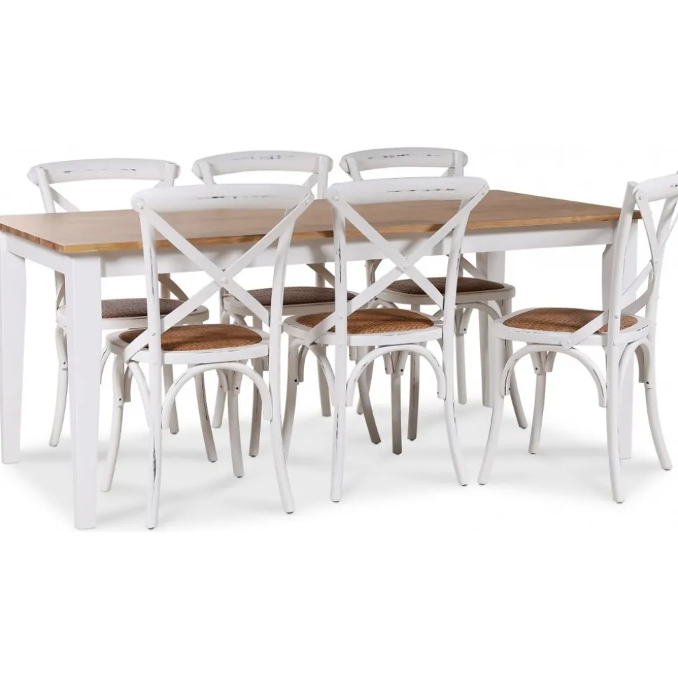 Dalarös matgrupp 180 cm bord vit/ek + 6 st vita Gaston matstolar + 4.00 x Möbeltassar