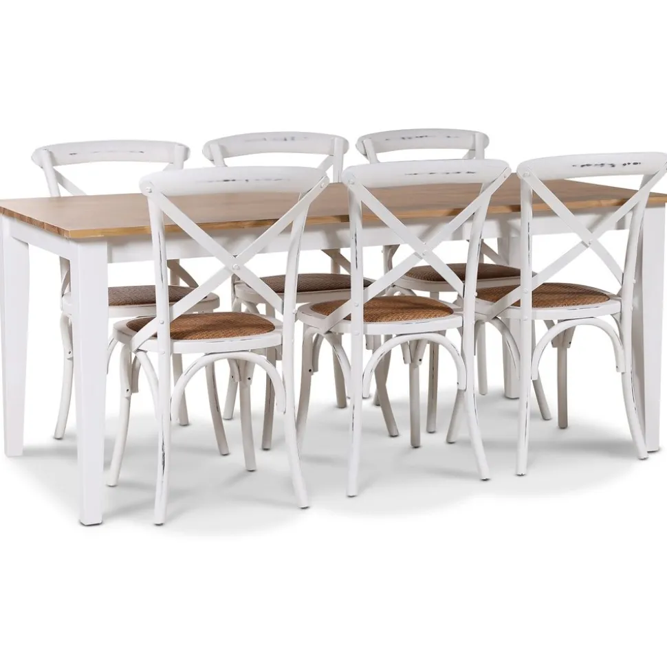 Dalarös matgrupp 180 cm bord vit/ek + 6 st vita Gaston matstolar + 4.00 x Möbeltassar