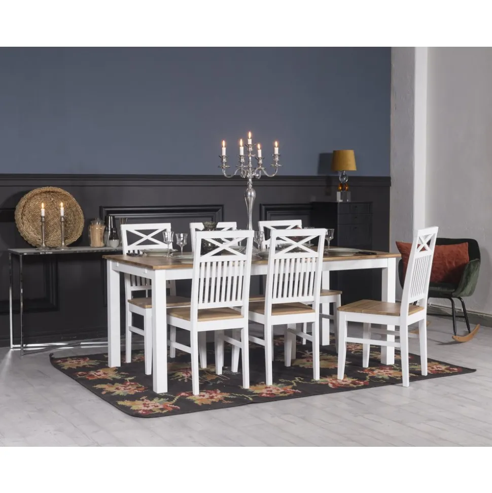 Dalarös matstol med eksits och kryss i rygg - Vit / Oljad ek + Möbeltassar