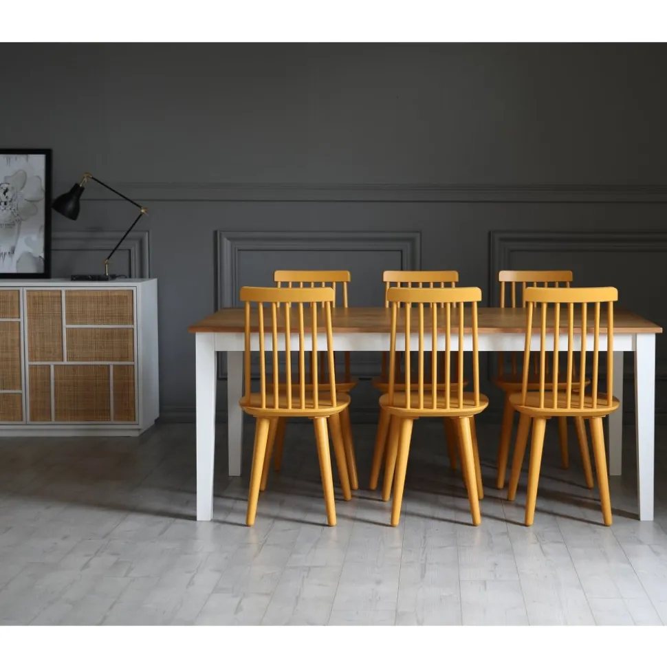 Dalsland matgrupp: Matbord i Ek / Vit med 6 st gula Pinnstolar + 4.00 x Möbeltassar