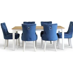 Dalsland matgrupp: Matbord i vit / ek med 6 st Tuva stolar i blå sammet + 4.00 x Möbeltassar