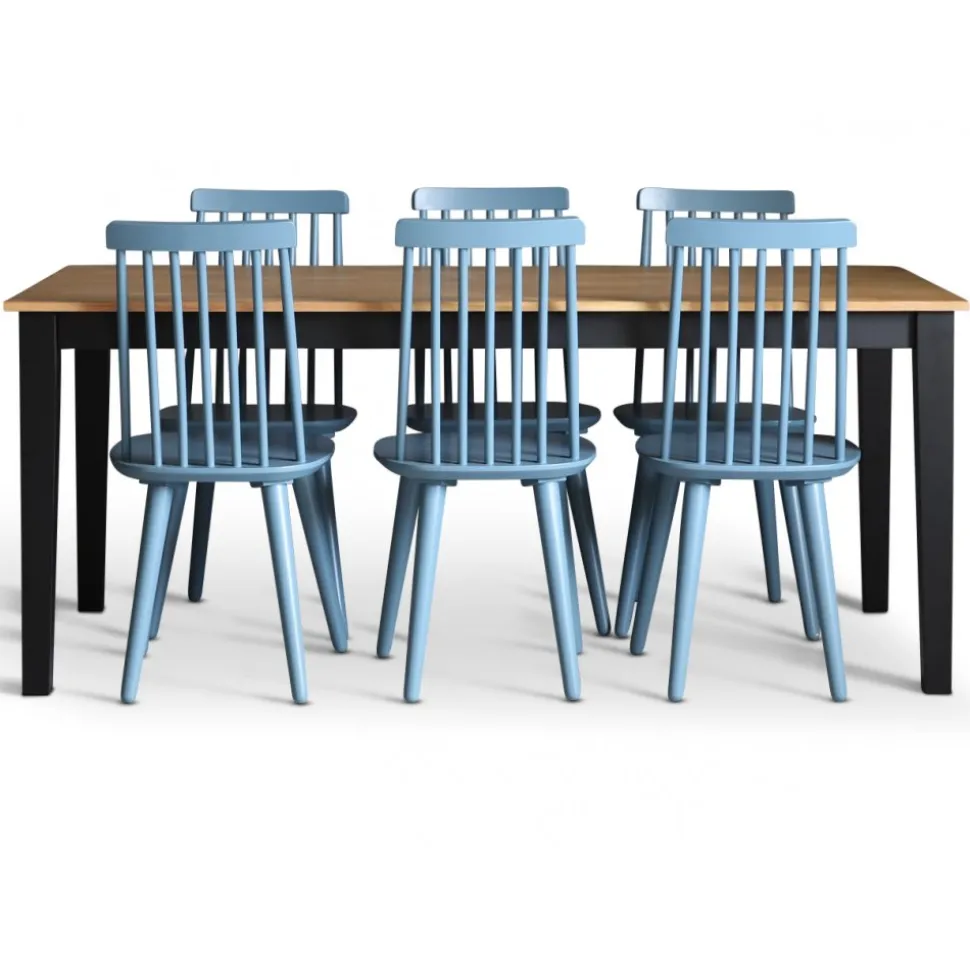 Dalsland matgrupp: Matbord i svart / ek med 6 st duvblå pinnstolar