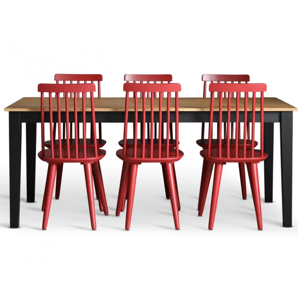 Dalsland matgrupp: Matbord i svart / ek med 6 st röda pinnstolar