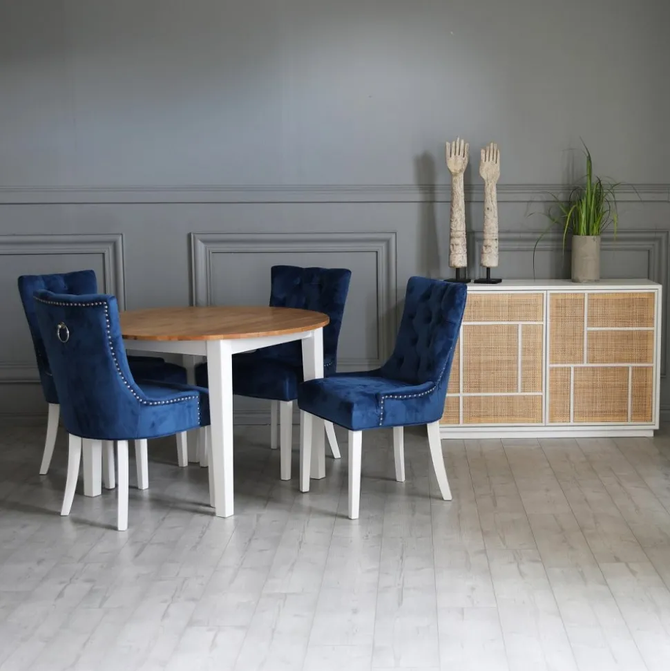 Dalsland matgrupp: Runt bord i Ek / Vit med 4 st Blåa Tuva stolar