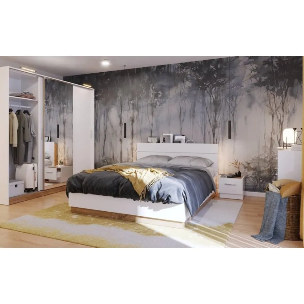 Dentro 140 x 200 cm säng med förvaring - Vit/stirling ek