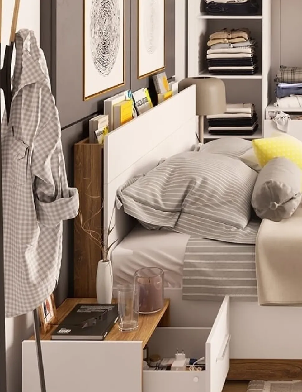 Dentro säng med förvaring 160 x 200 cm - Vit/ek