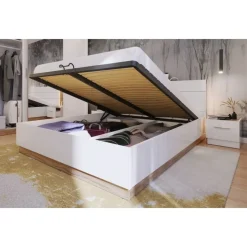 Dentro säng med förvaring 160 x 200 cm - Vit/ek + Textilrengöring för möbler