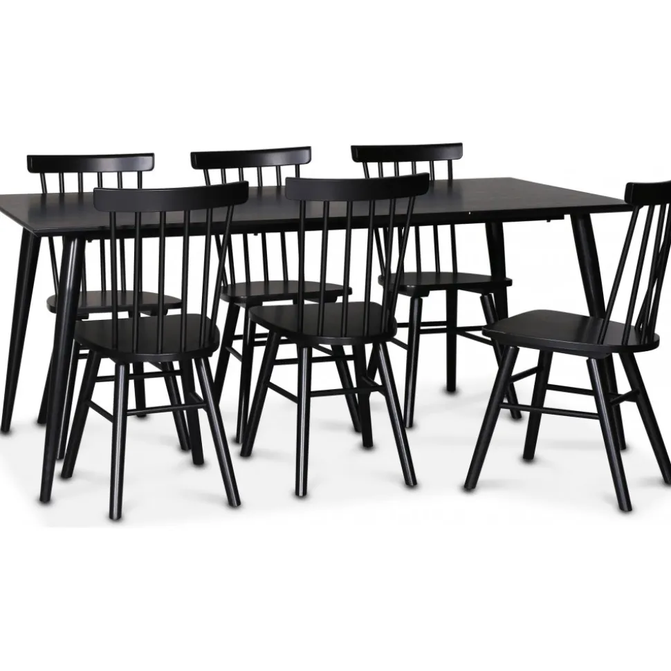 Dipp matgrupp; matbord 180x90 cm med 6 st svarta Orust pinnstolar + 6.00 x Stolsdyna