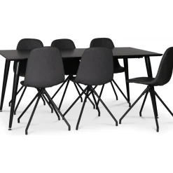 Dipp matgrupp; matbord 180x90 cm med 6 st svarta Bridge snurrbara matstolar + 4.00 x Möbeltassar