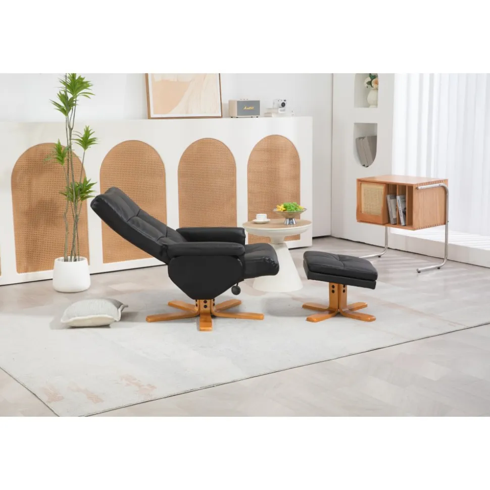 Duva reclinerfåtölj med fotpall i svart PU med bruna ben + Möbeltassar