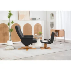 Duva reclinerfåtölj med fotpall i svart PU med bruna ben + Möbeltassar