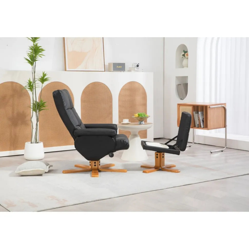 Duva reclinerfåtölj med fotpall i svart PU med bruna ben + Möbeltassar