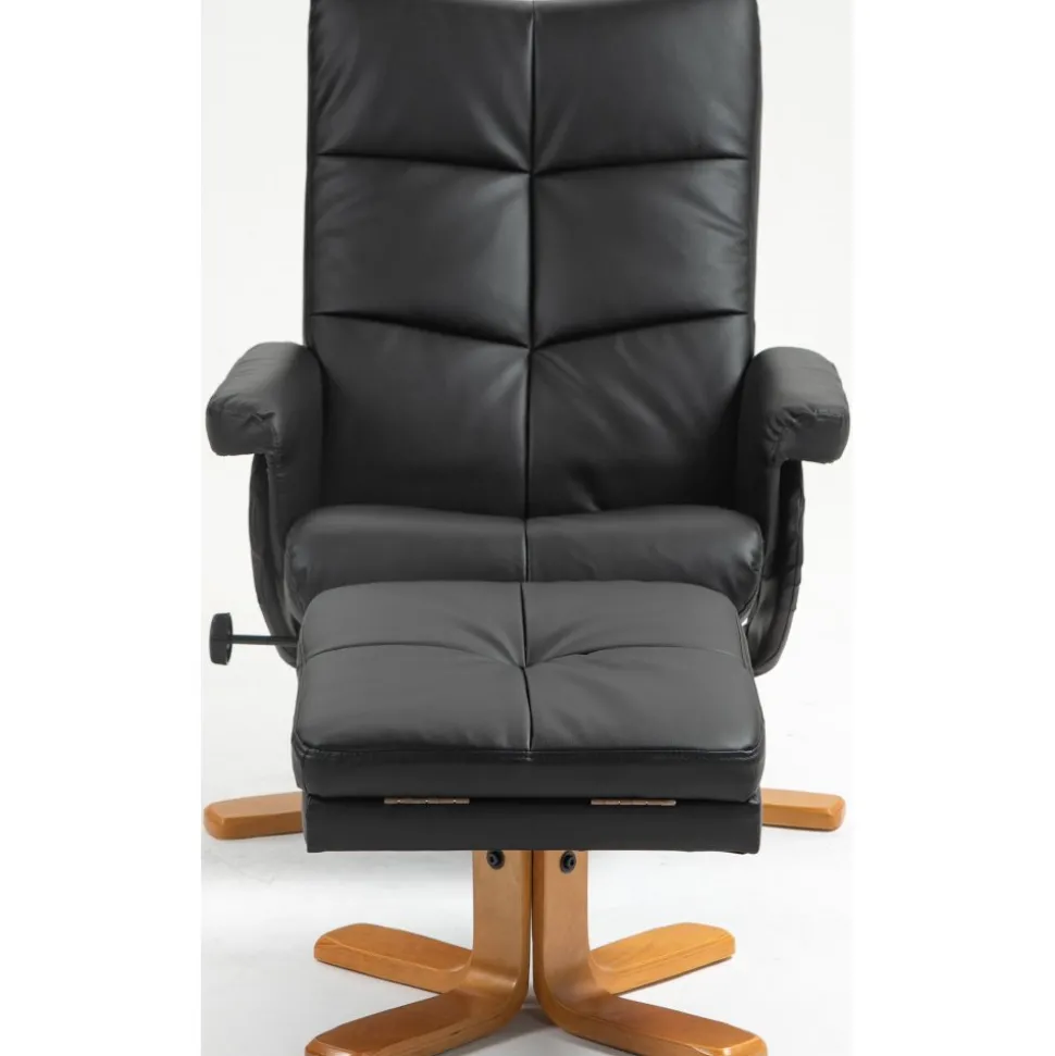 Duva reclinerfåtölj med fotpall i svart PU med bruna ben