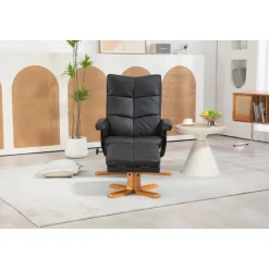 Duva reclinerfåtölj med fotpall i svart PU med bruna ben