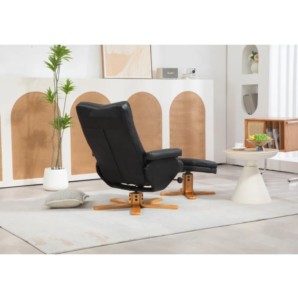 Duva reclinerfåtölj med fotpall i svart PU med bruna ben