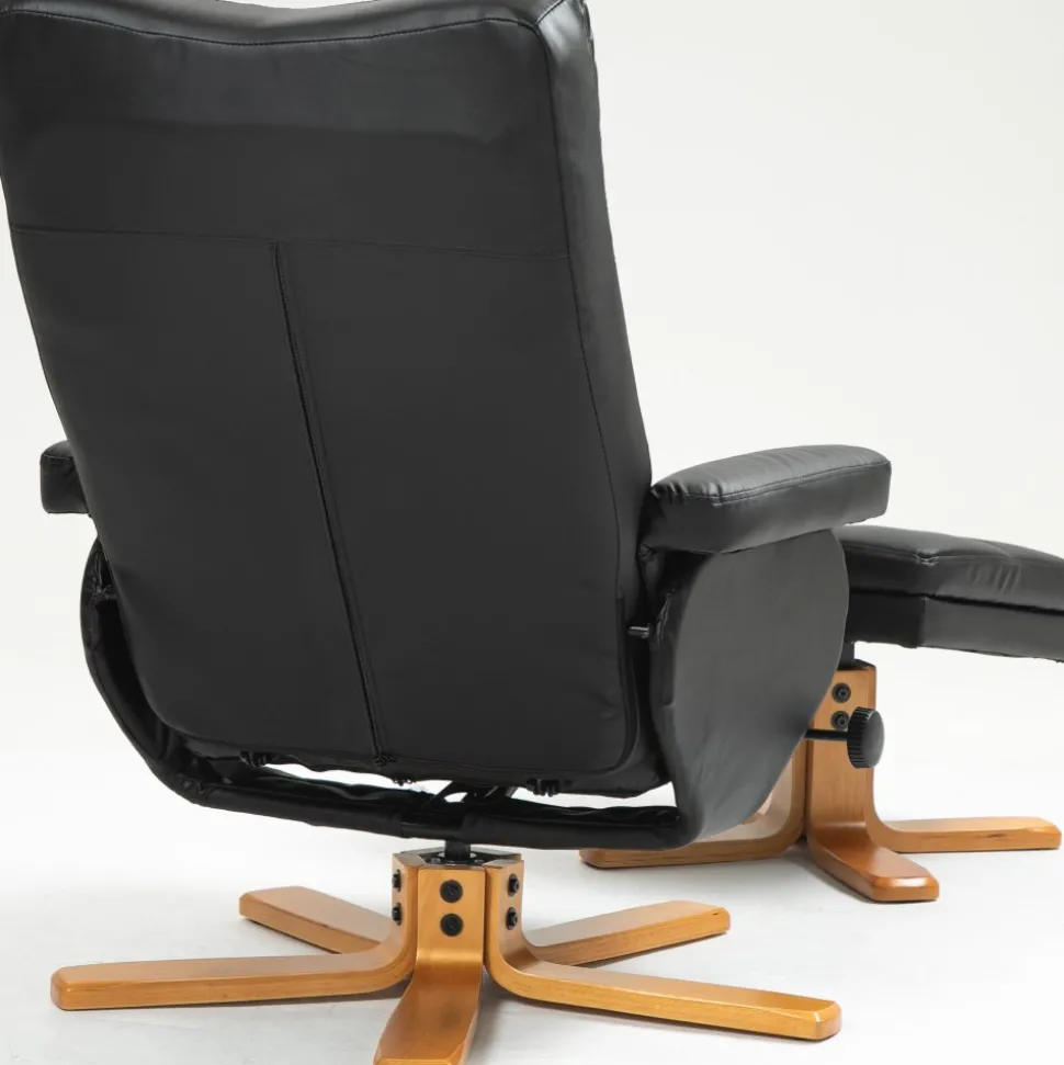 Duva reclinerfåtölj med fotpall i svart PU med bruna ben