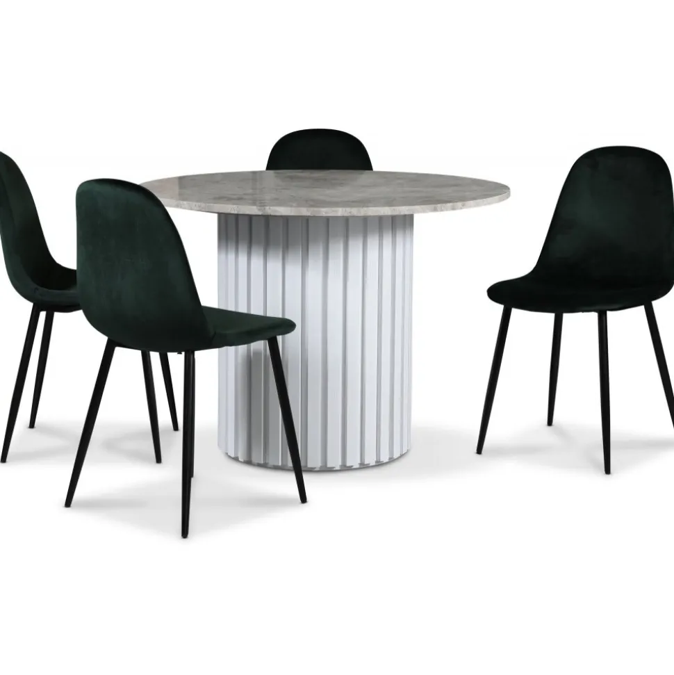 Empire matgrupp Ø105 cm inkl. 4 st Carisma mörkgröna stolar - Silver Diana marmor / Vit lamell träfot + 4.00 x Stolsdyna