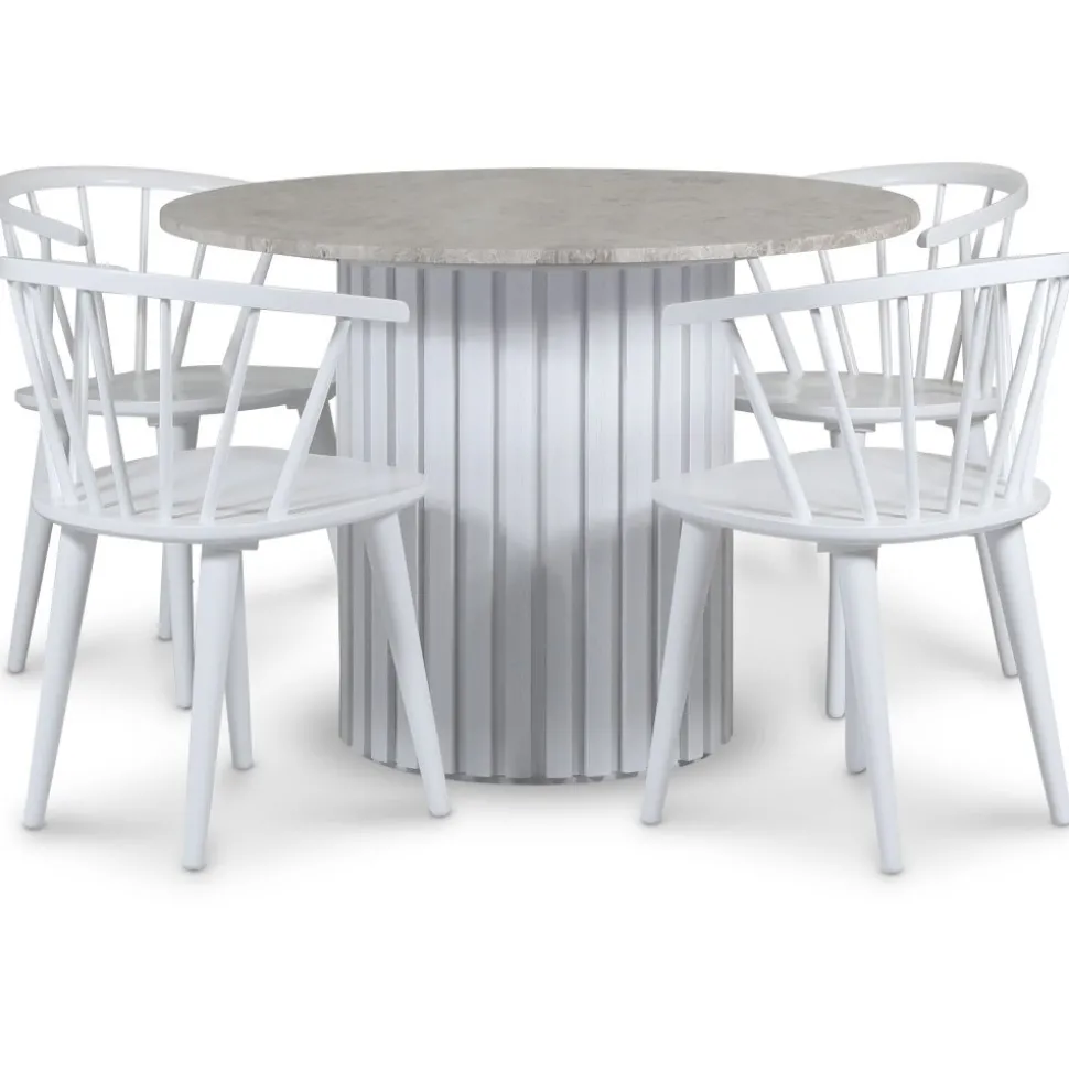 Empire matgrupp Ø105 cm inkl. 4 st Dalsland vita stolar - Silver Diana marmor / Vit lamell träfot + 4.00 x Stolsdyna