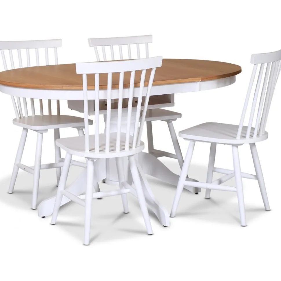 Fitchburg matgrupp; runt matbord 106 /141 cm - Vit / oljad ek med 4 st vita Karl Pinnstolar + 3.00 x Möbeltassar