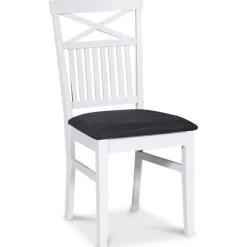 Fitchburg matgrupp; runt matbord 106 /141 cm - Vit / oljad ek med 4 st Skagen stolar med kryss i ryggen, sits i grått tyg + 4.00 x Stolsdyna