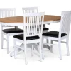 Fitchburg matgrupp; runt matbord 106 /141 cm - Vit / oljad ek med 4 st Fårö stolar med sits i svart PU