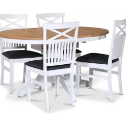 Fitchburg matgrupp; runt matbord 106 /141 cm - Vit / oljad ek med 4 st Skagen stolar med kryss i ryggen, sits i grått tyg + 3.00 x Möbeltassar