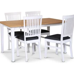 Fårö matgrupp; matbord 140x90 cm - Vit / oljad ek med 4 st Fårö matstolar med ribbor i ryggen, sits i grått tyg