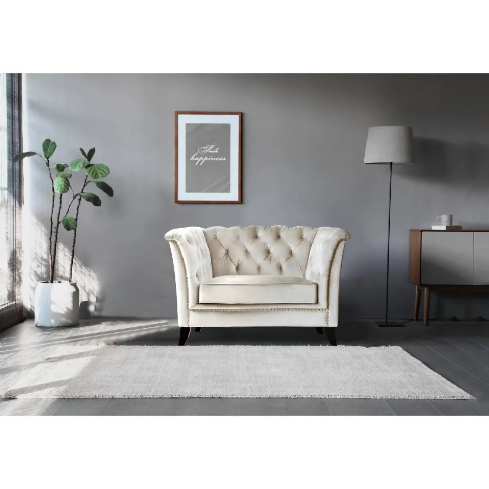 Fåtölj chesterfield beige sammet - Milton + Textilrengöring för möbler