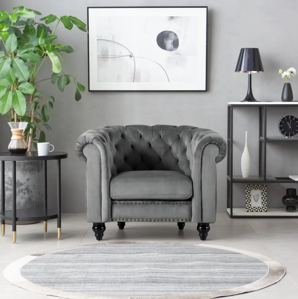 Fåtölj chesterfield grå sammet Royal + Textilrengöring för möbler