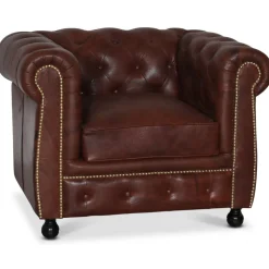 Fåtölj chesterfield i brunt antikbehandlat läder
