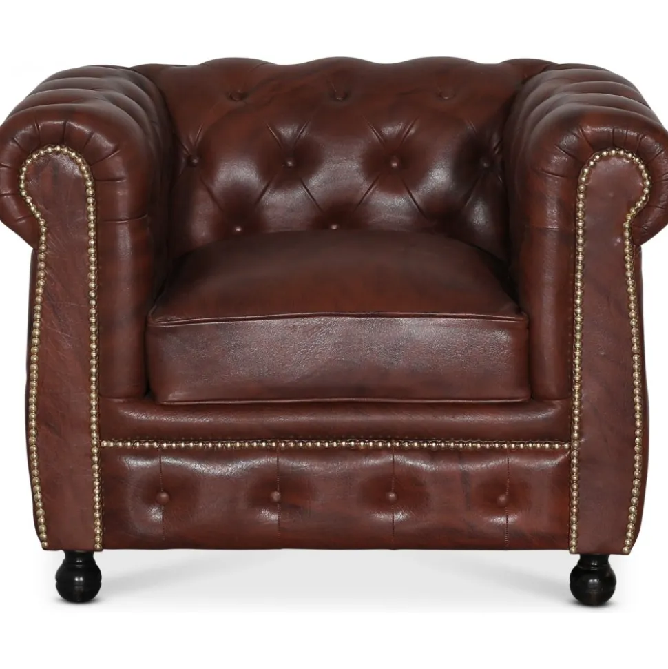 Fåtölj chesterfield i brunt antikbehandlat läder