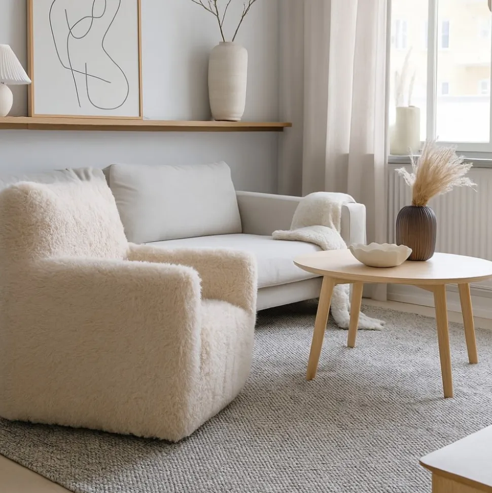 Fåtölj fluffig beige tygklädsel