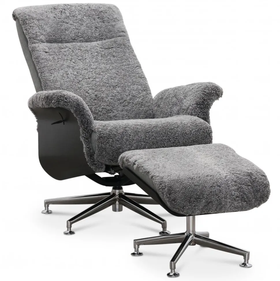 Fåtölj i fårskinn med fotpall - Grå/svart - Ulla + Fläckborttagare för möbler