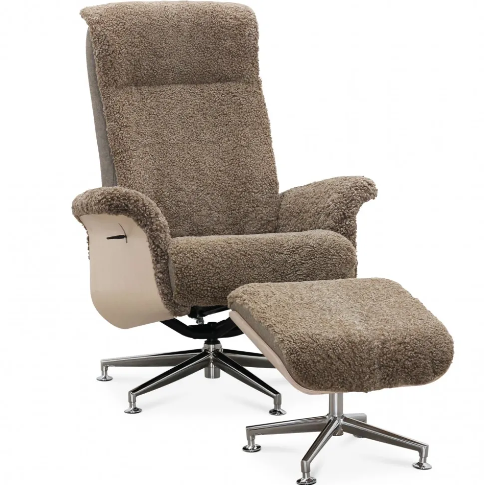 Fåtölj i fårskinn med fotpall - Ek/mörkbeige fårskinn - Ulla + Fläckborttagare för möbler