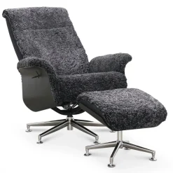 Fåtölj med fotpall fårskinn mörkgrå/svart - Ulla