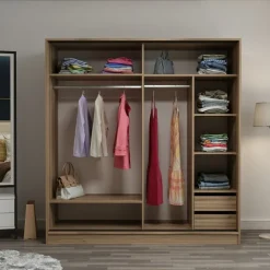 Garderob med spegeldörr, 220x52x210 cm - Brun/vit