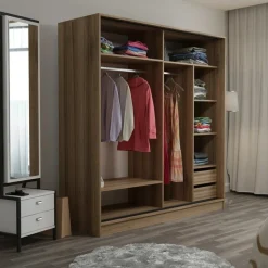 Garderob med spegeldörr, 220x52x210 cm - Brun/vit